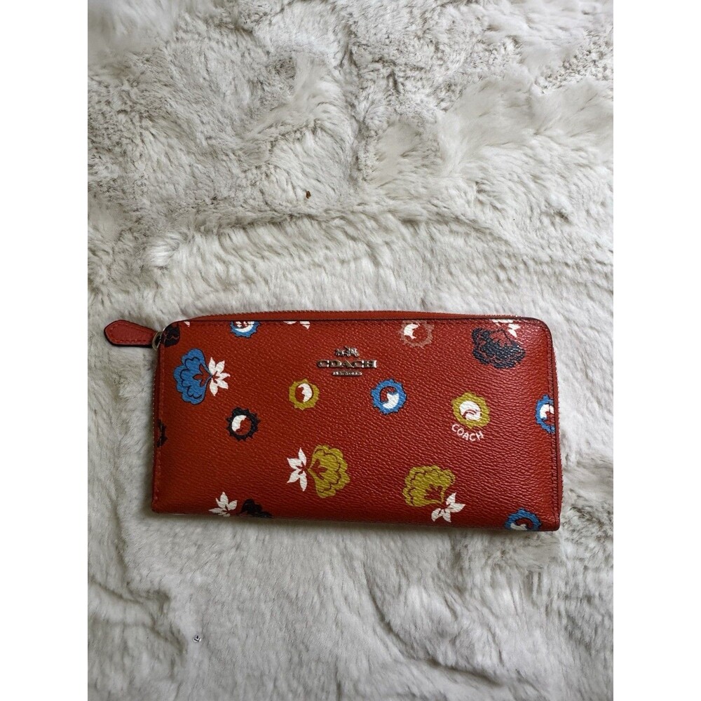 Coach Carmine Wallet Zip Around Leather Red Floral Boho Excellent